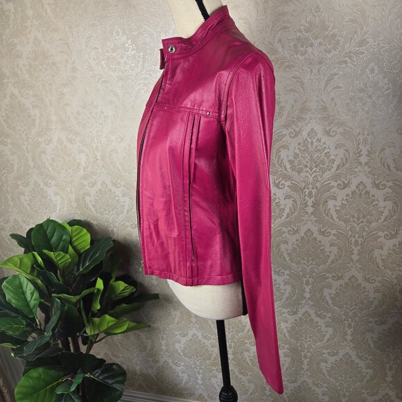 Vintage Wilson's Leather Sz Medium Bright Pink Leather Jacket Zip Front Pintuck - Picture 7 of 14